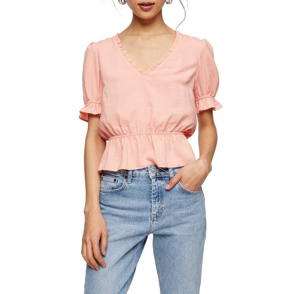 Topshop Morgan Rule Tops - TOPSHOP Morgan Rule Coral Trim Peplum Top - Size 4